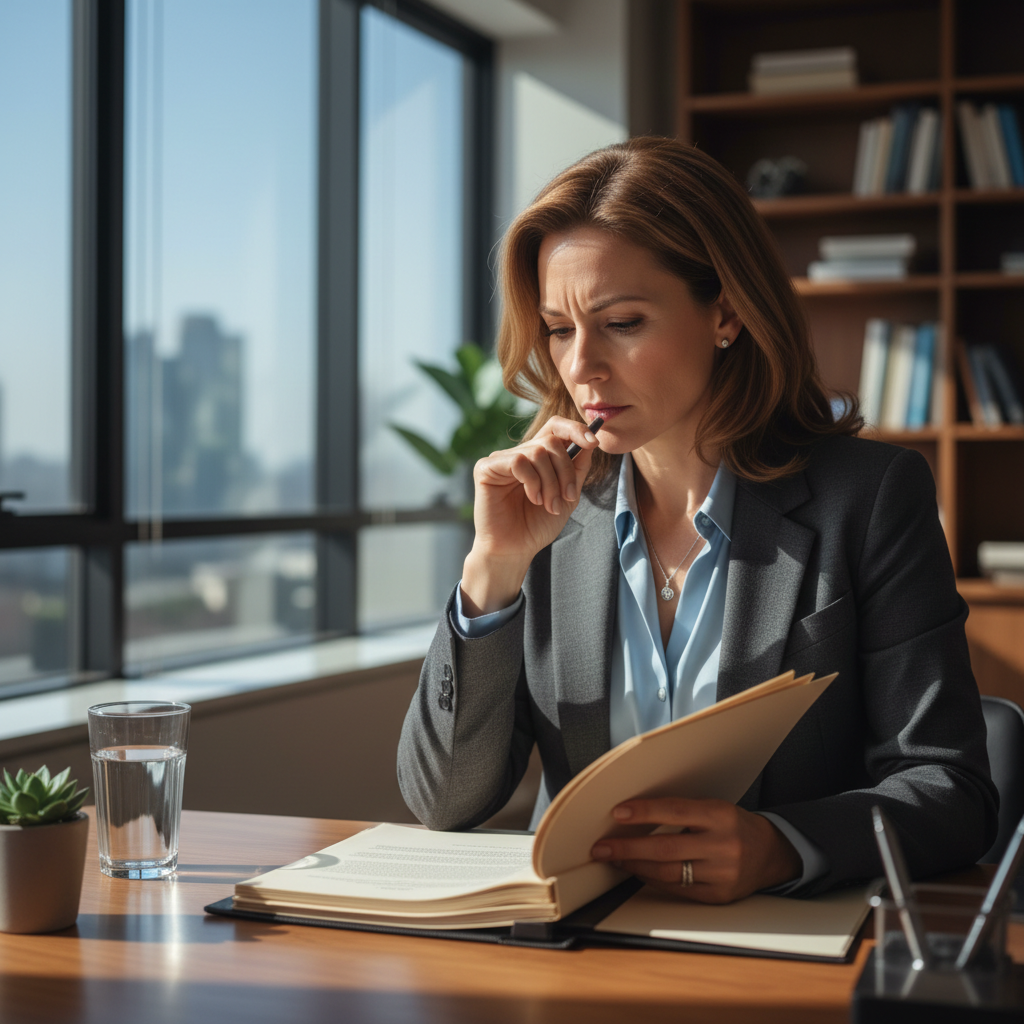 Dr. Ingrid Müller, VP Regulatory Affairs, reviewing chemical compliance documentation