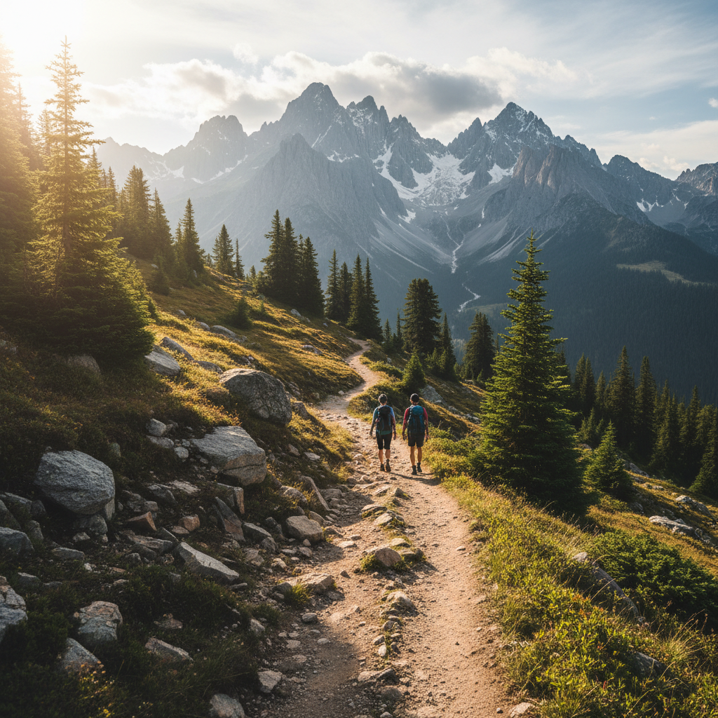 Two people walking dogs on a sunlit mountain trail with pine trees