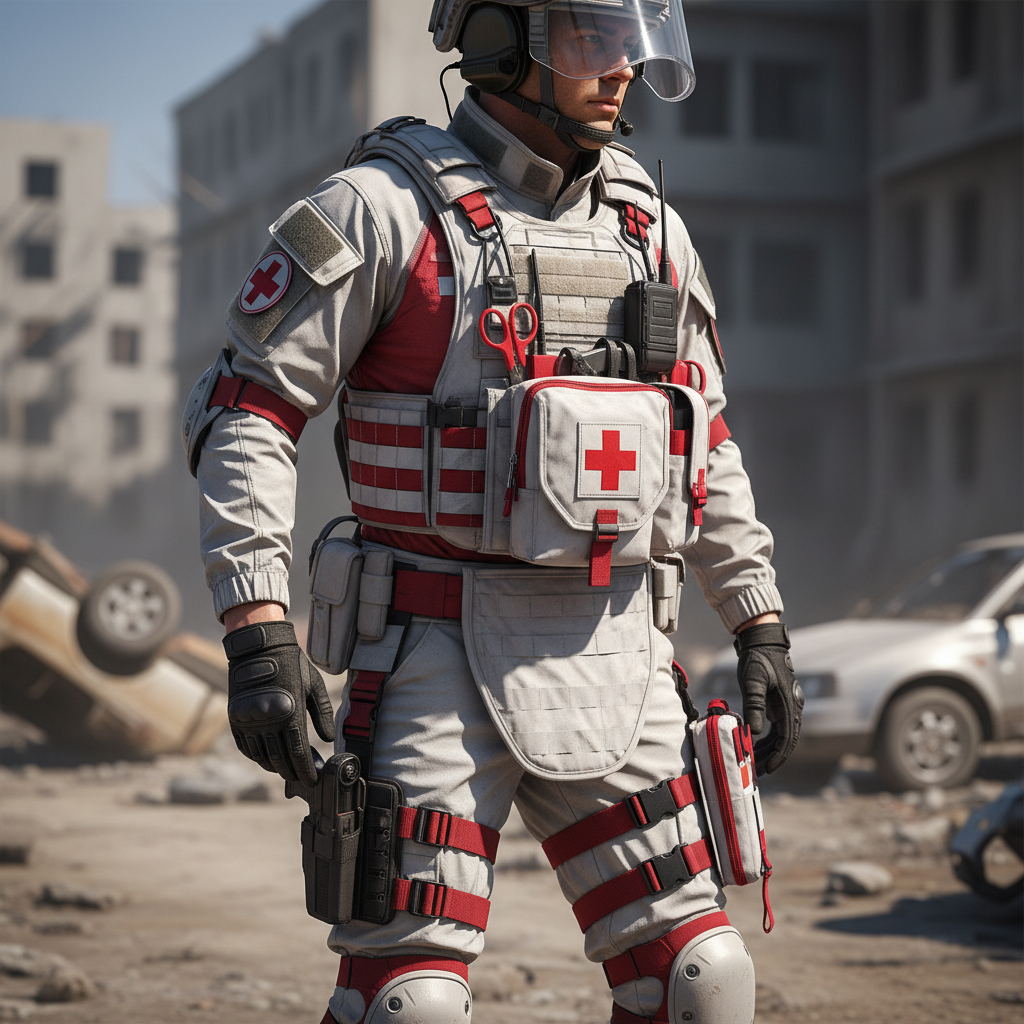 Tactical medic in dark field gear treating a casualty in a low-light environment, red light illumination, dramatic shadows, urgent focused atmosphere