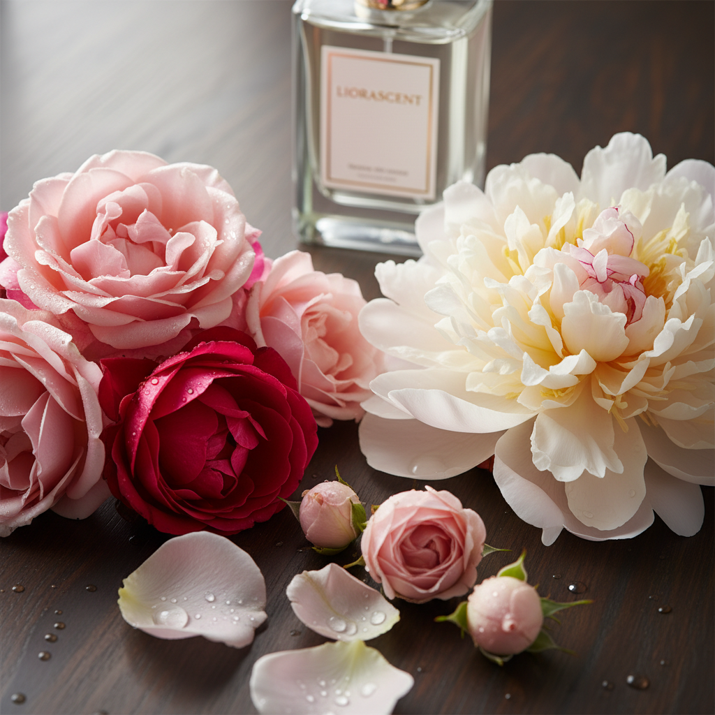 Feminine floral perfume bottle surrounded by dark flowers, night blooming garden aesthetic, mysterious luxury atmosphere