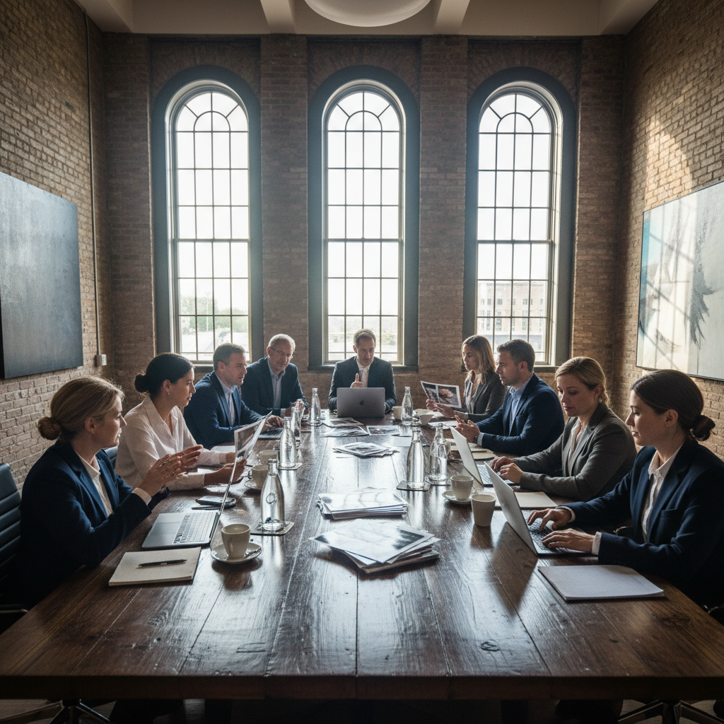 Gather board members around a large wooden table with laptops, printed photographs, and coffee cups scattered mid-conversation, natural light from tall windows