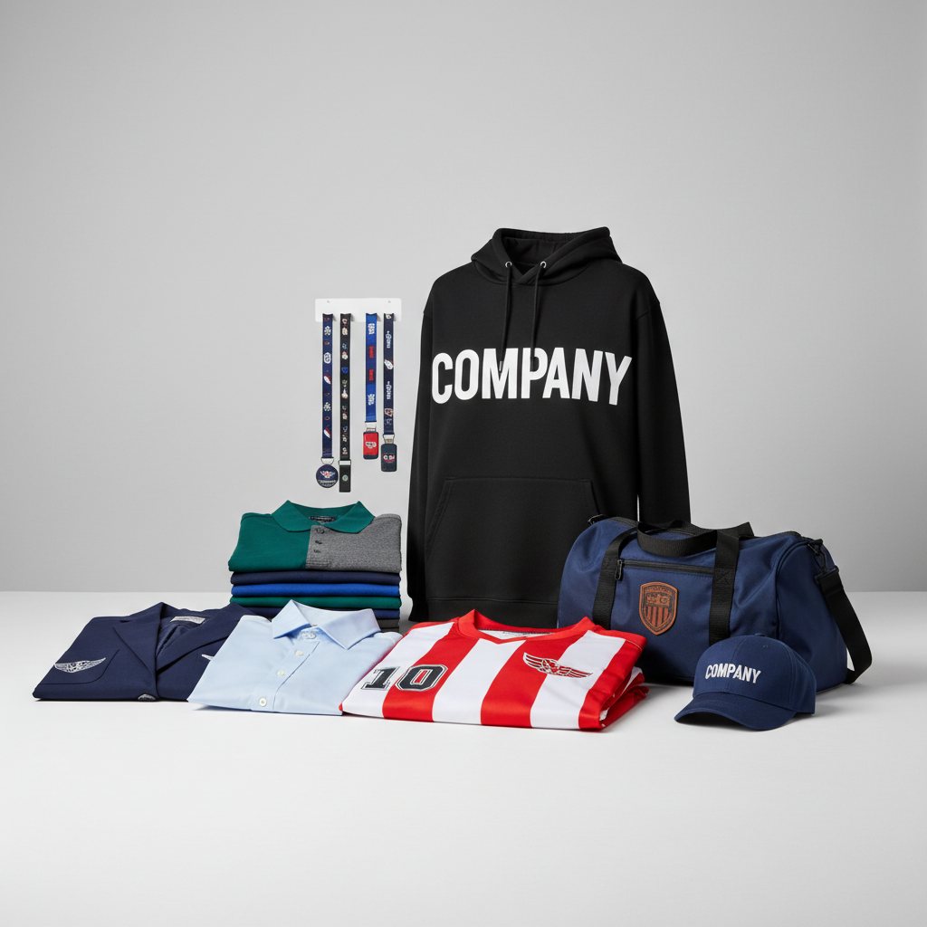 Neatly folded custom printed t-shirts in assorted colors stacked on a bright white surface