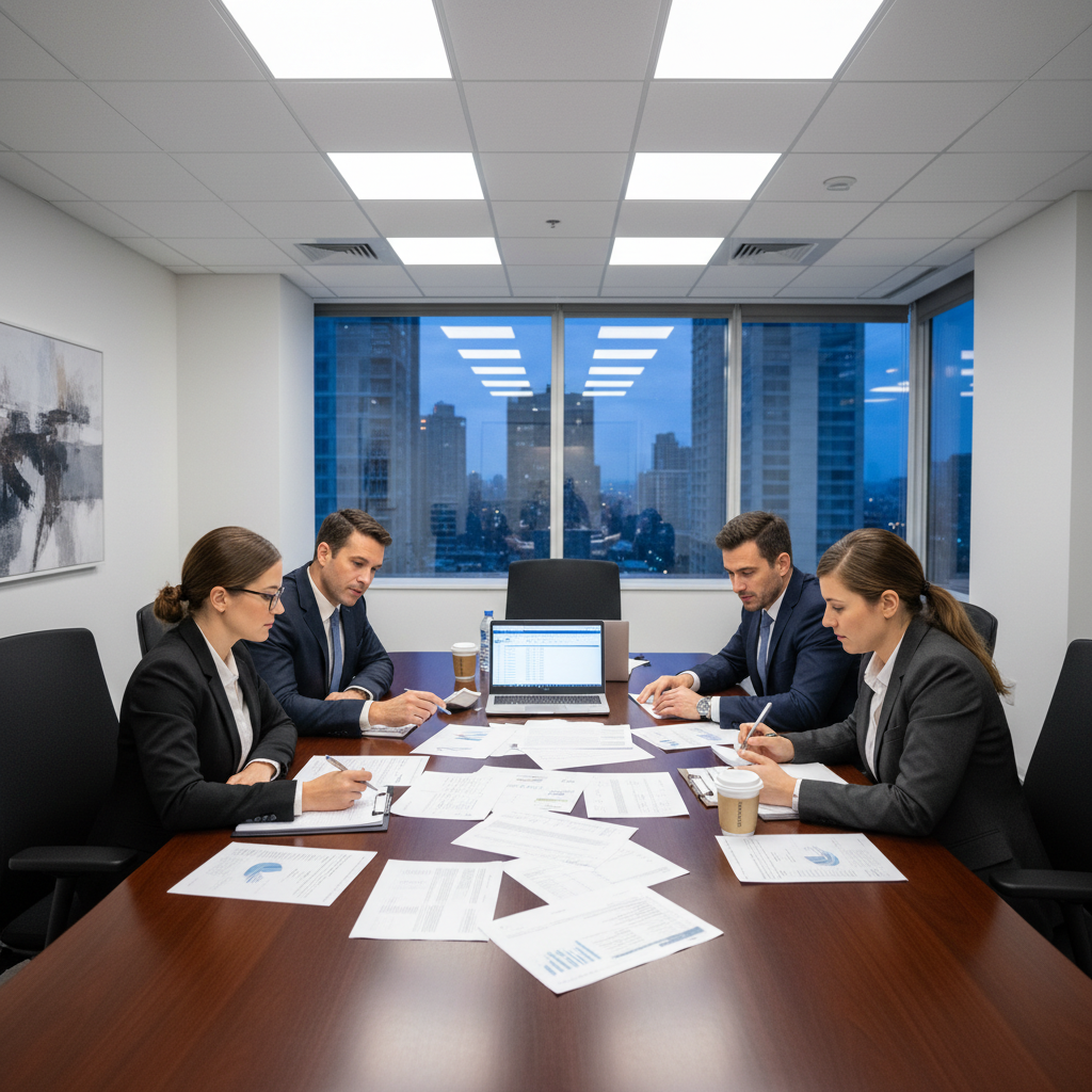 Investment banking professional reviewing deal documents in a corporate boardroom setting