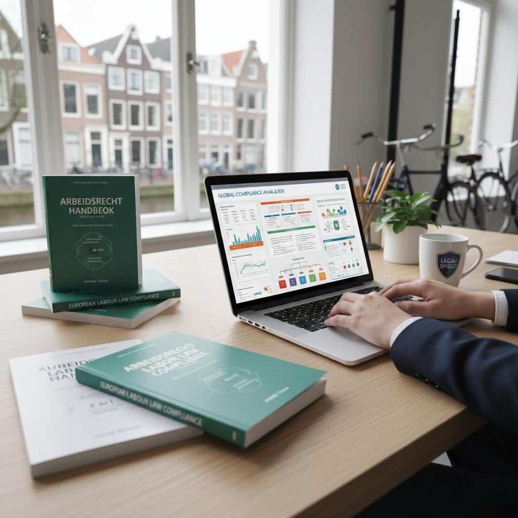 Compliance team member's desk in Amsterdam with country-specific labor law booklets stacked alongside a laptop showing the automated compliance engine