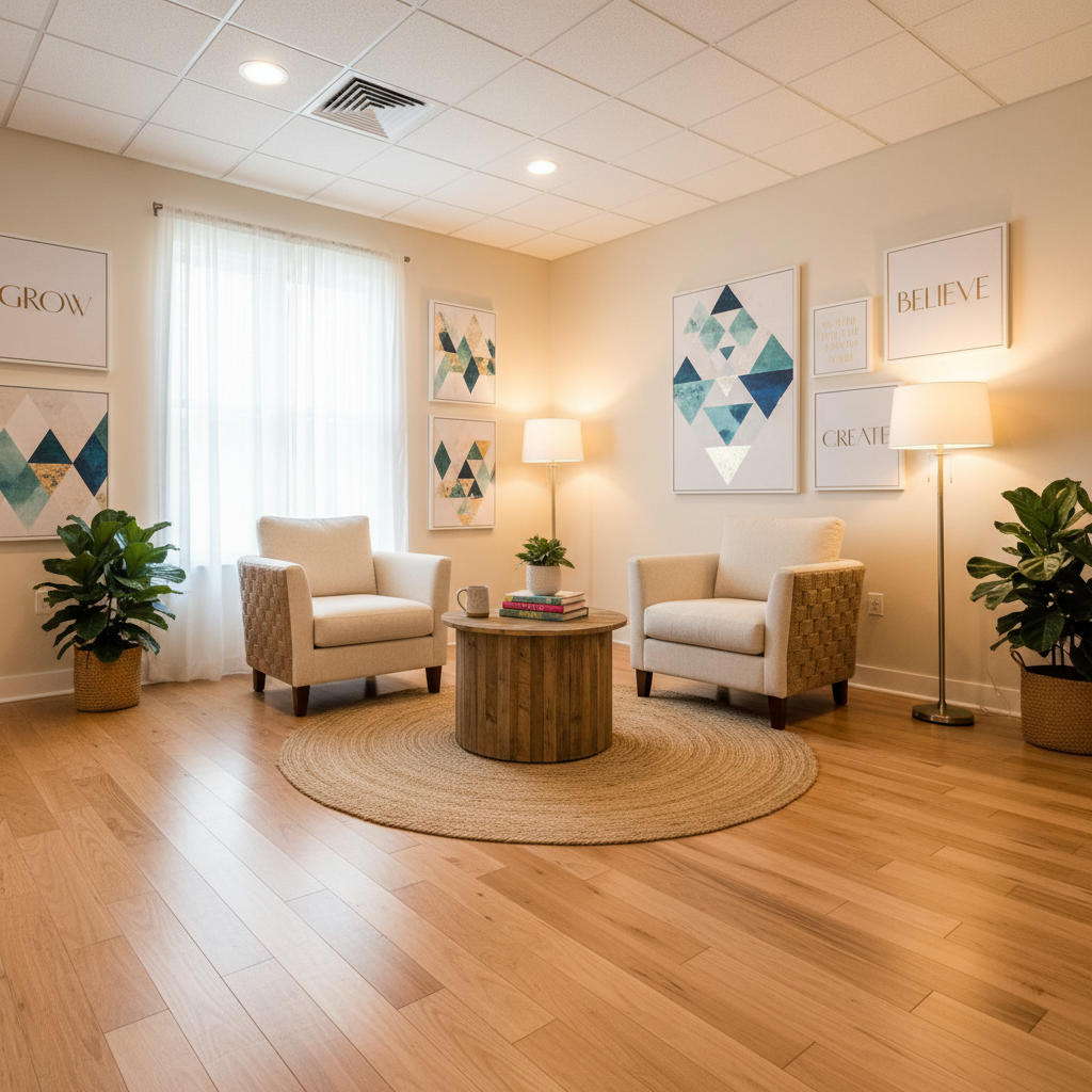 Professional coaching office with bright natural light, clean desk setup, and motivational artwork on white walls