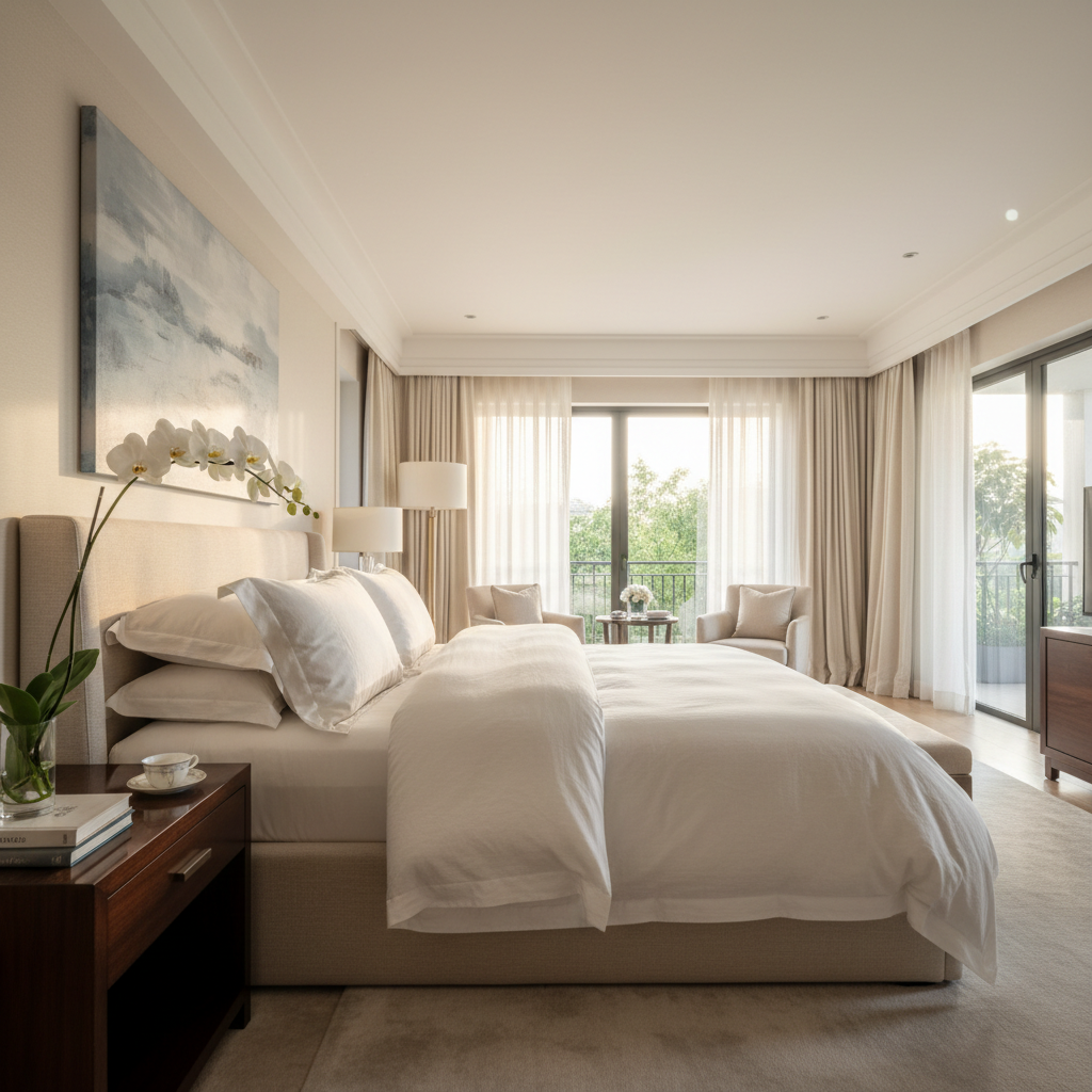 Staged luxury primary bedroom suite with Belgian linen duvet, white orchid on nightstand, and soft morning light through sheer curtains