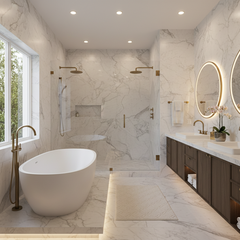 Elegant master bathroom renovation with walk-in shower and warm stone tiles