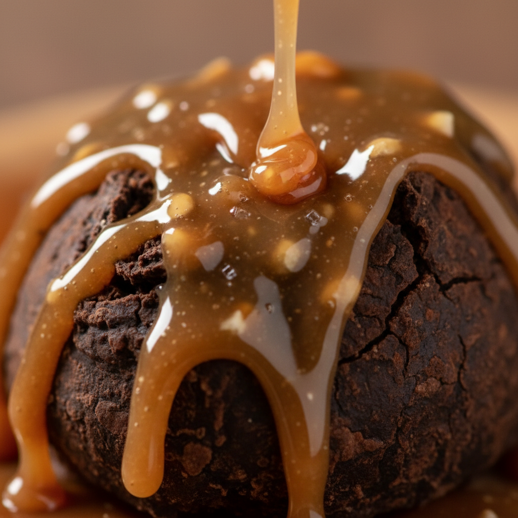 Cashew caramel dripping over raw chocolate truffle bark in close-up macro detail