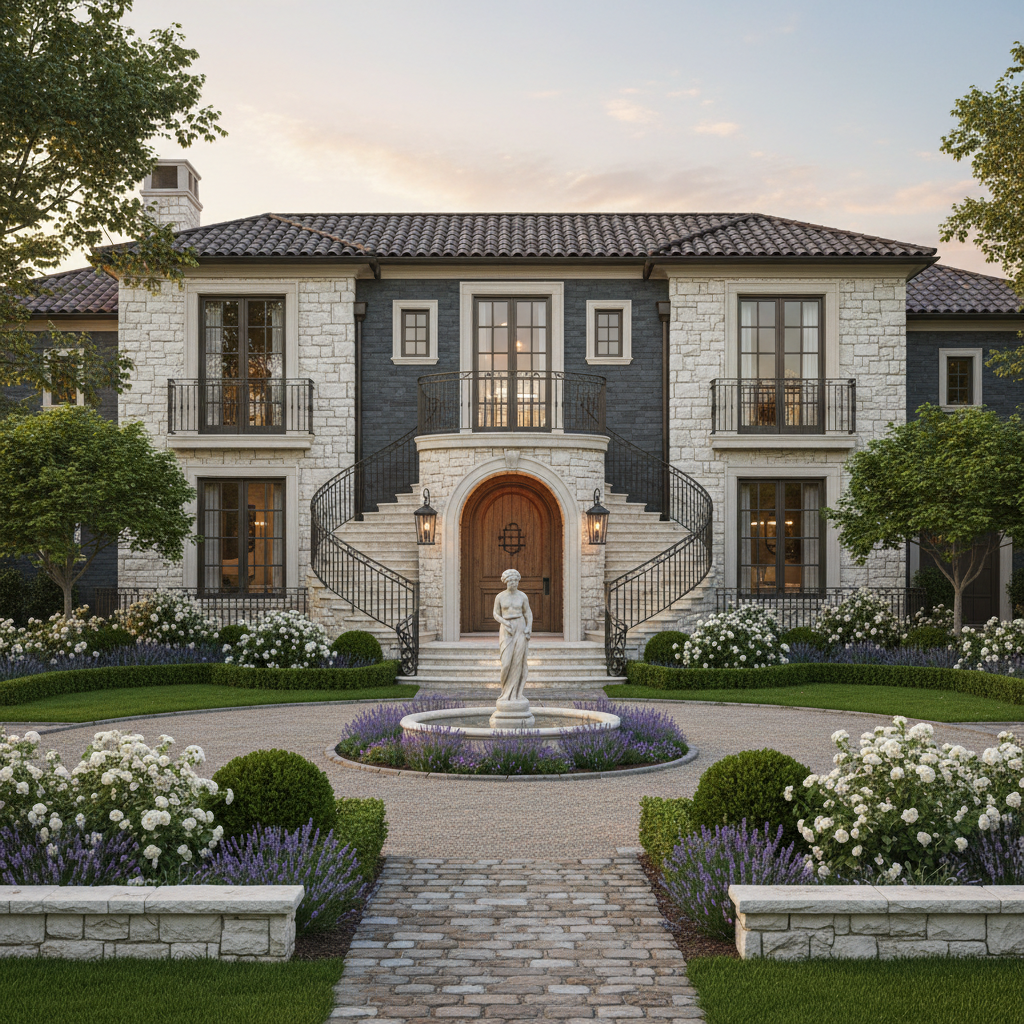 Beautiful custom home exterior with warm stone facade and manicured landscaping