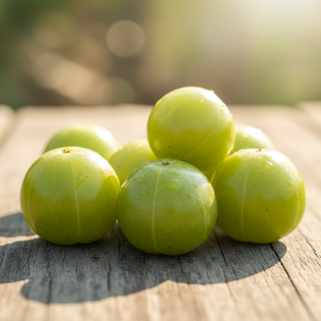 Organic amla powder in a wooden bowl with fresh amla fruits beside it, natural light