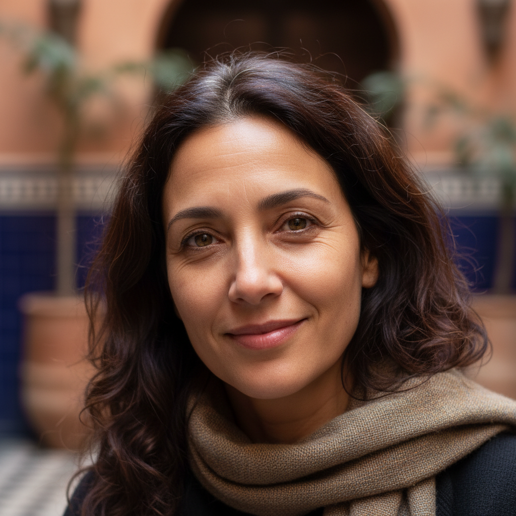 Leila Bensimon, Moroccan-French woman in her 40s, warm portrait with natural light