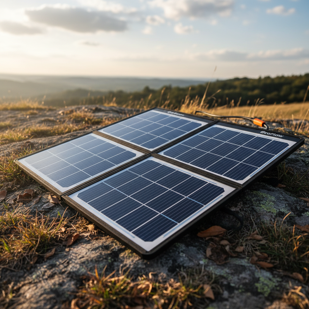 Panneau solaire portable EcoFlow 160W déployé en plein air, cellules photovoltaïques bleues brillantes