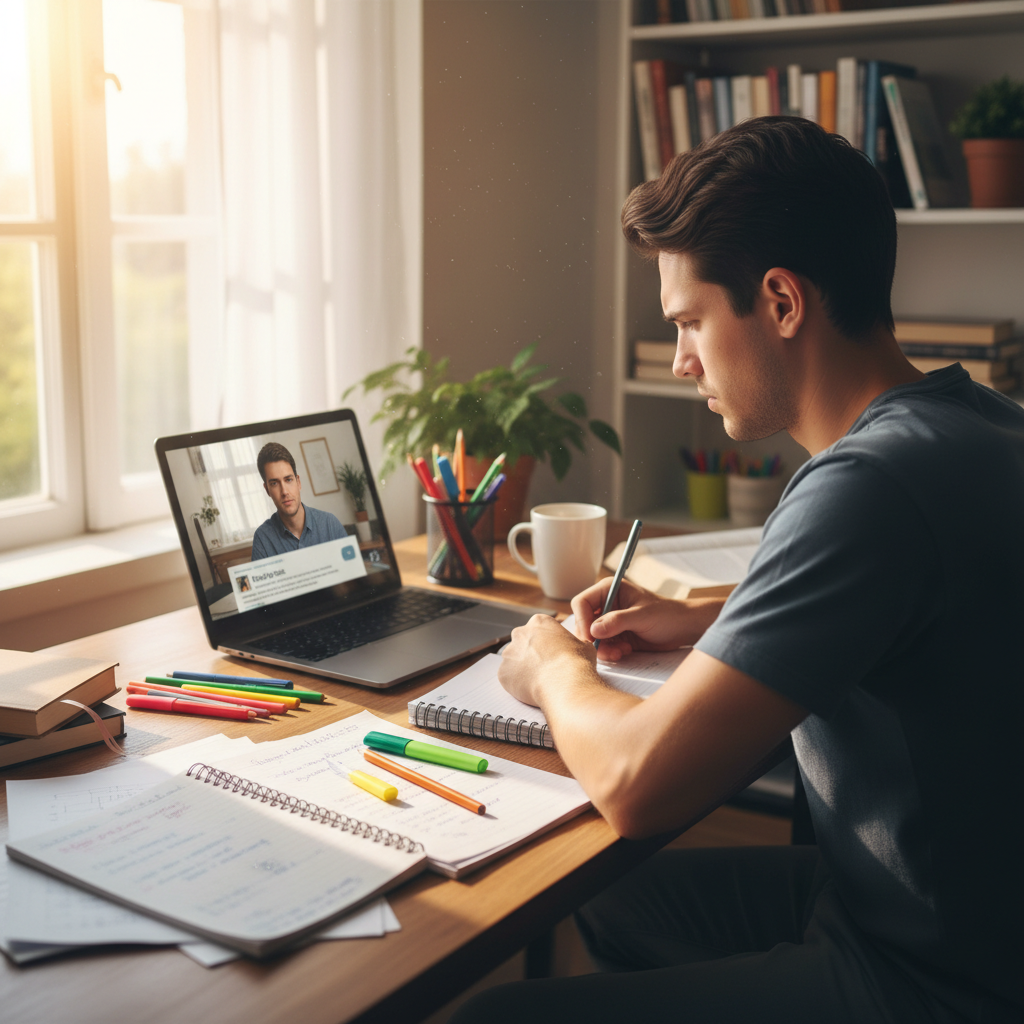 Student at computer with educational videos, warm study environment, focused learning atmosphere, natural light