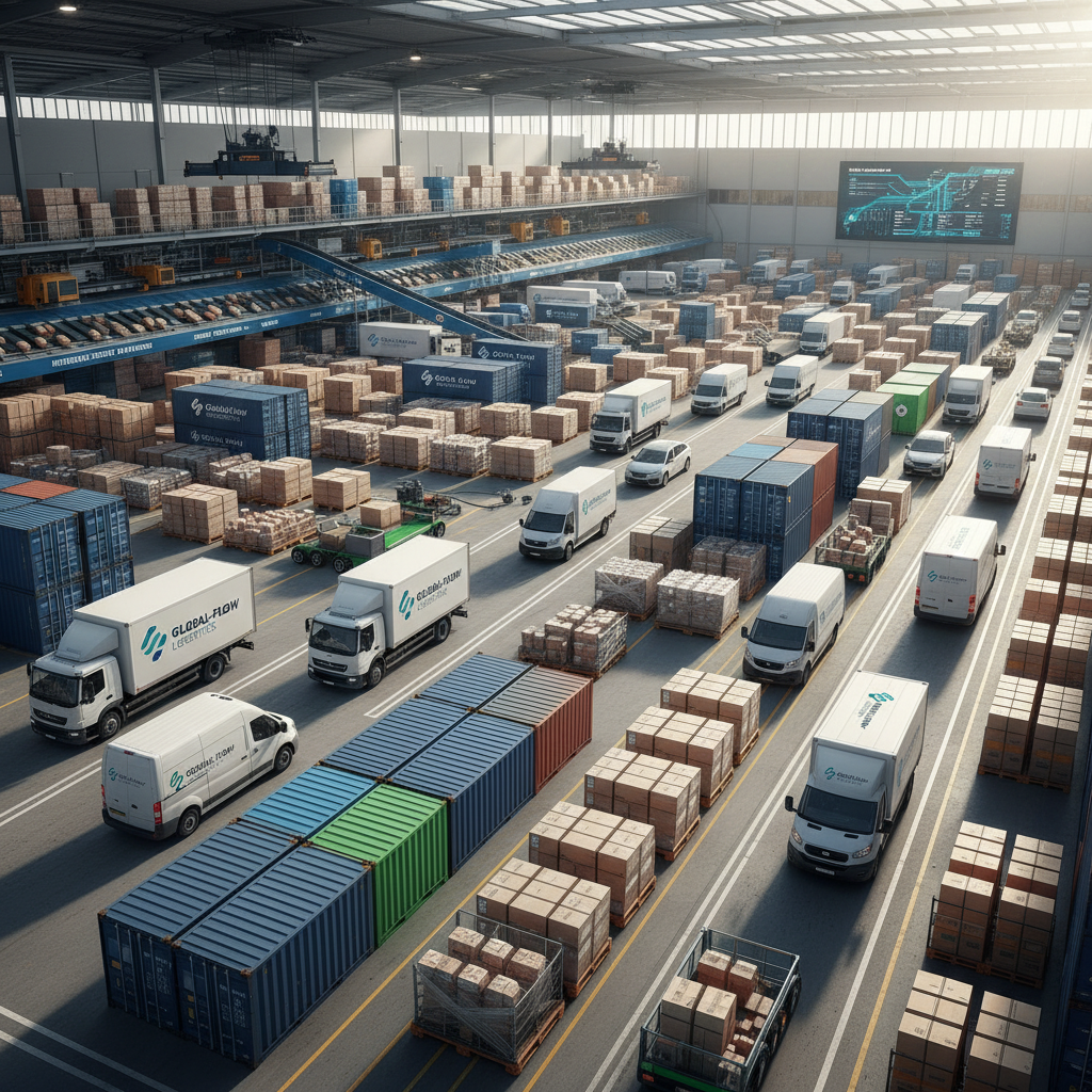 Cargo packages and shipping boxes in a well-lit logistics warehouse