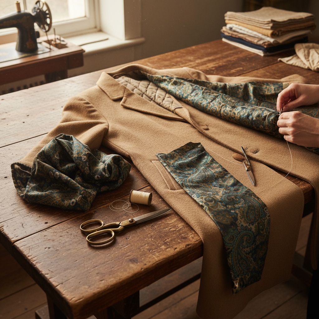 Vintage wool coat with lining replacement in progress