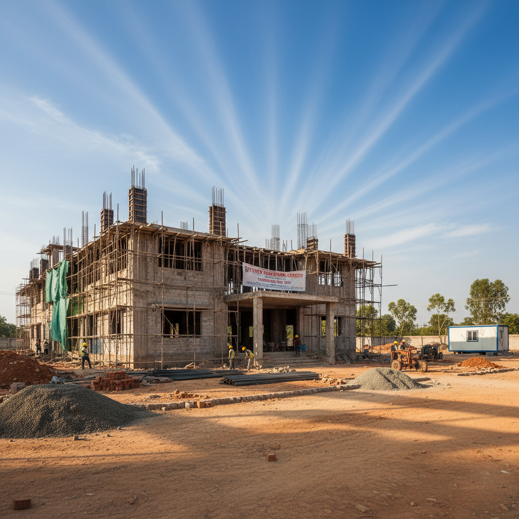 School building exterior, bright daylight, clear sky, educational facility construction