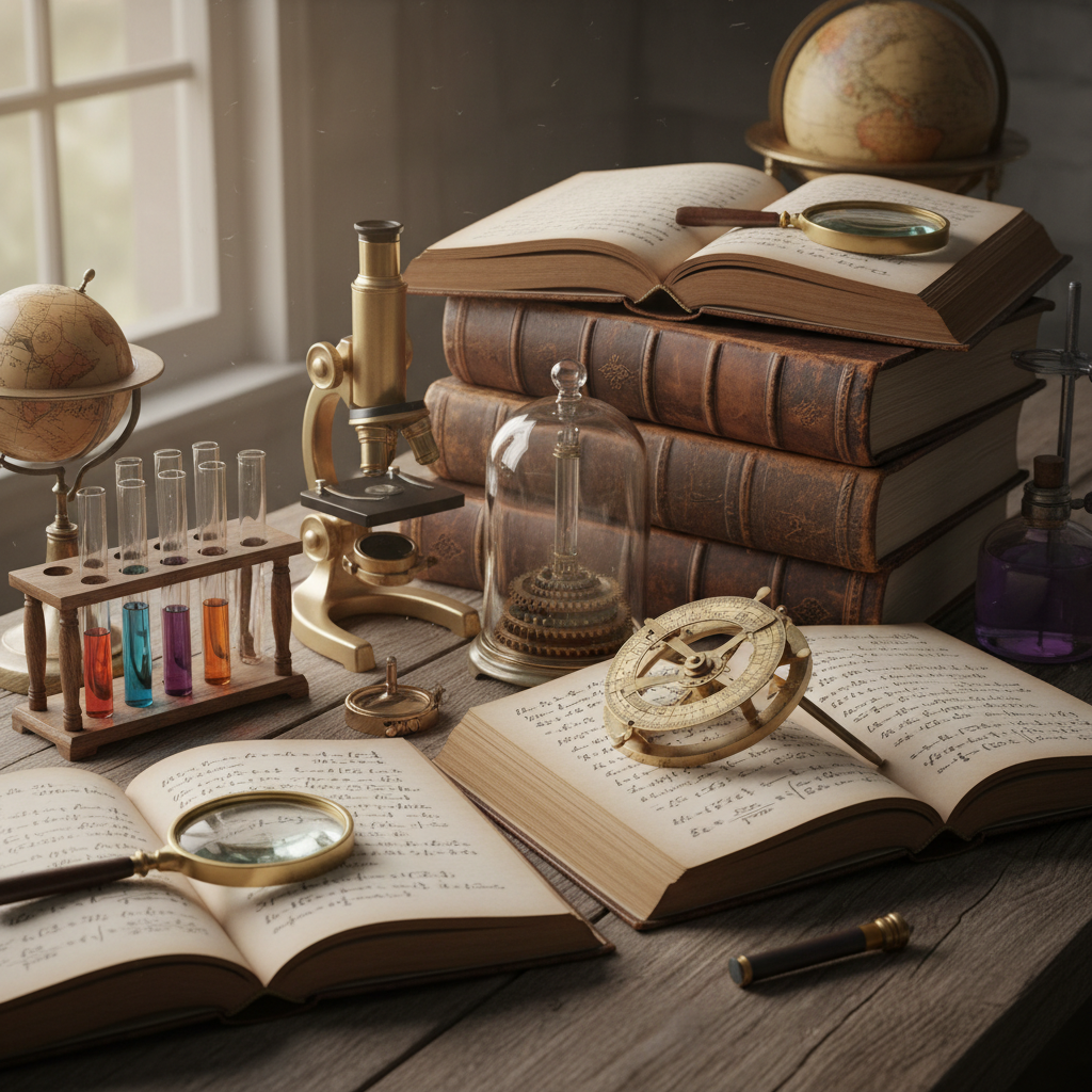 Vintage scientific instruments on a wooden desk — microscope, globe, brass tools in warm light