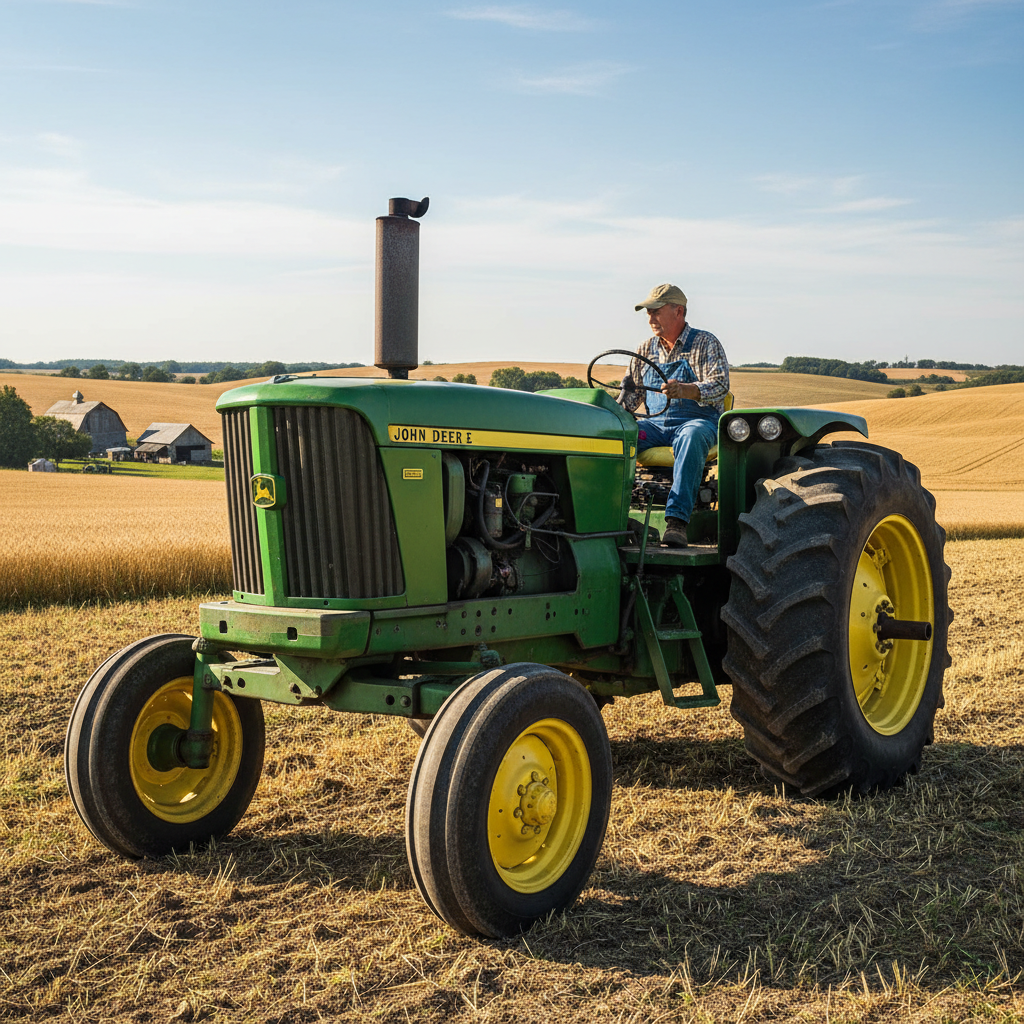 Modern tractor in green agricultural field at golden hour, advanced farming machinery