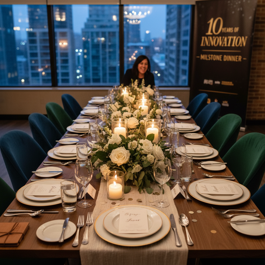 Intimate corporate milestone dinner with personalized table settings, warm candlelight, and custom floral centerpieces