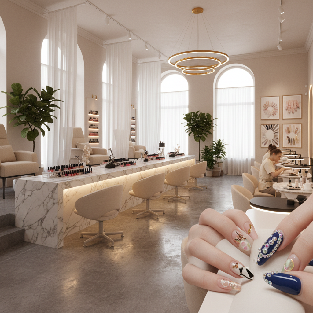 BinoxyG Nails artist applying premium gel nail art in a calm, luxurious studio environment