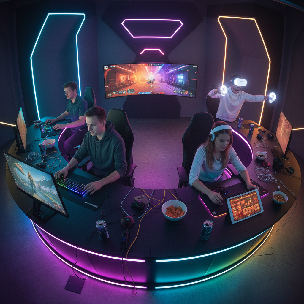 Person wearing VR headset in a futuristic gaming room with neon lighting
