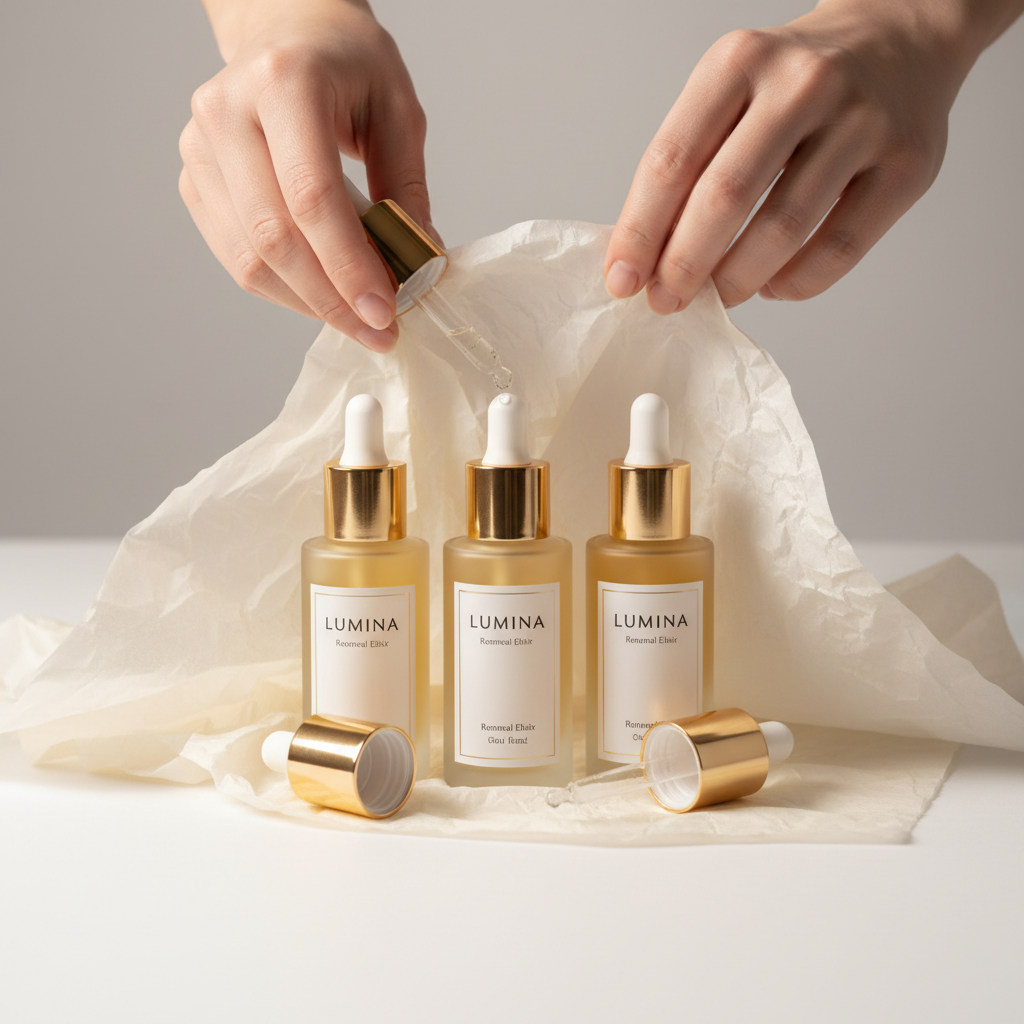 Hands unwrapping luxury skincare tissue paper revealing serum bottles