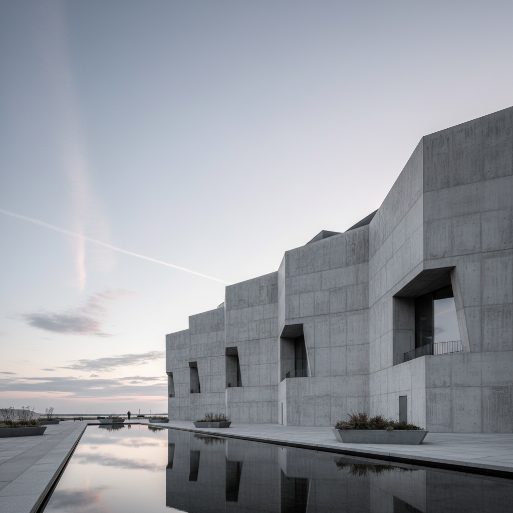 Meridian House Oslo — angular concrete facade against a pale Nordic dusk sky