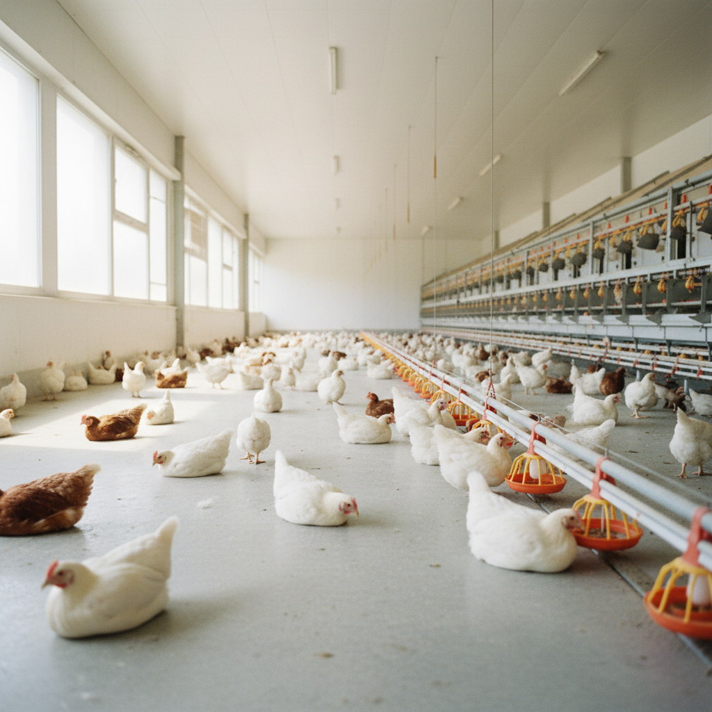 Healthy layer hens in modern poultry farm with clean environment and organized feeding system