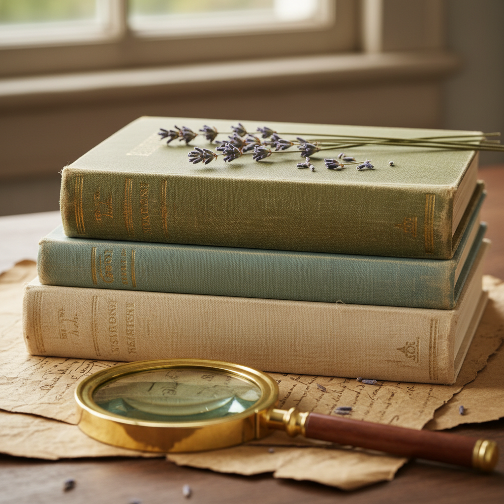 Stack of cloth-bound books with dried lavender sprigs and a brass magnifying glass on aged parchment