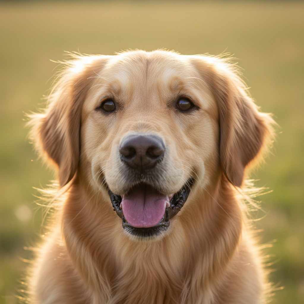 Golden retriever dog in outdoor grass setting, sunny warm day, friendly calm expression, bright natural surroundings