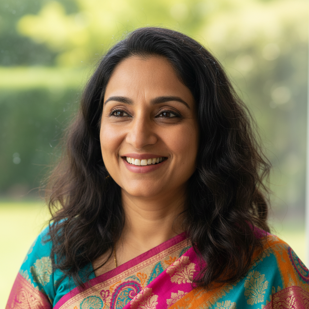 Indian woman in her 40s wearing a formal sari, professional government official portrait