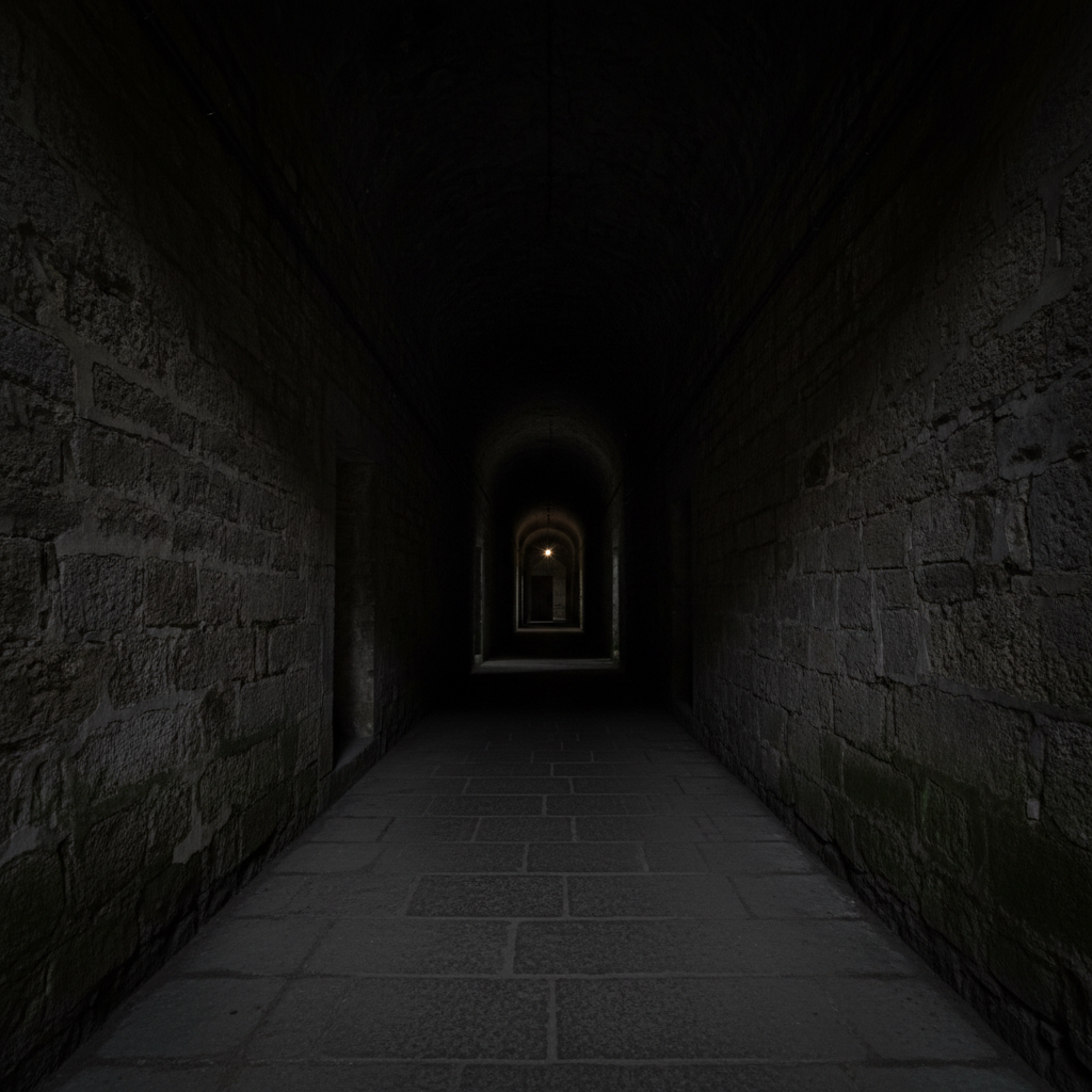 Dark shadowy corridor in an old stone building with a single light at the far end