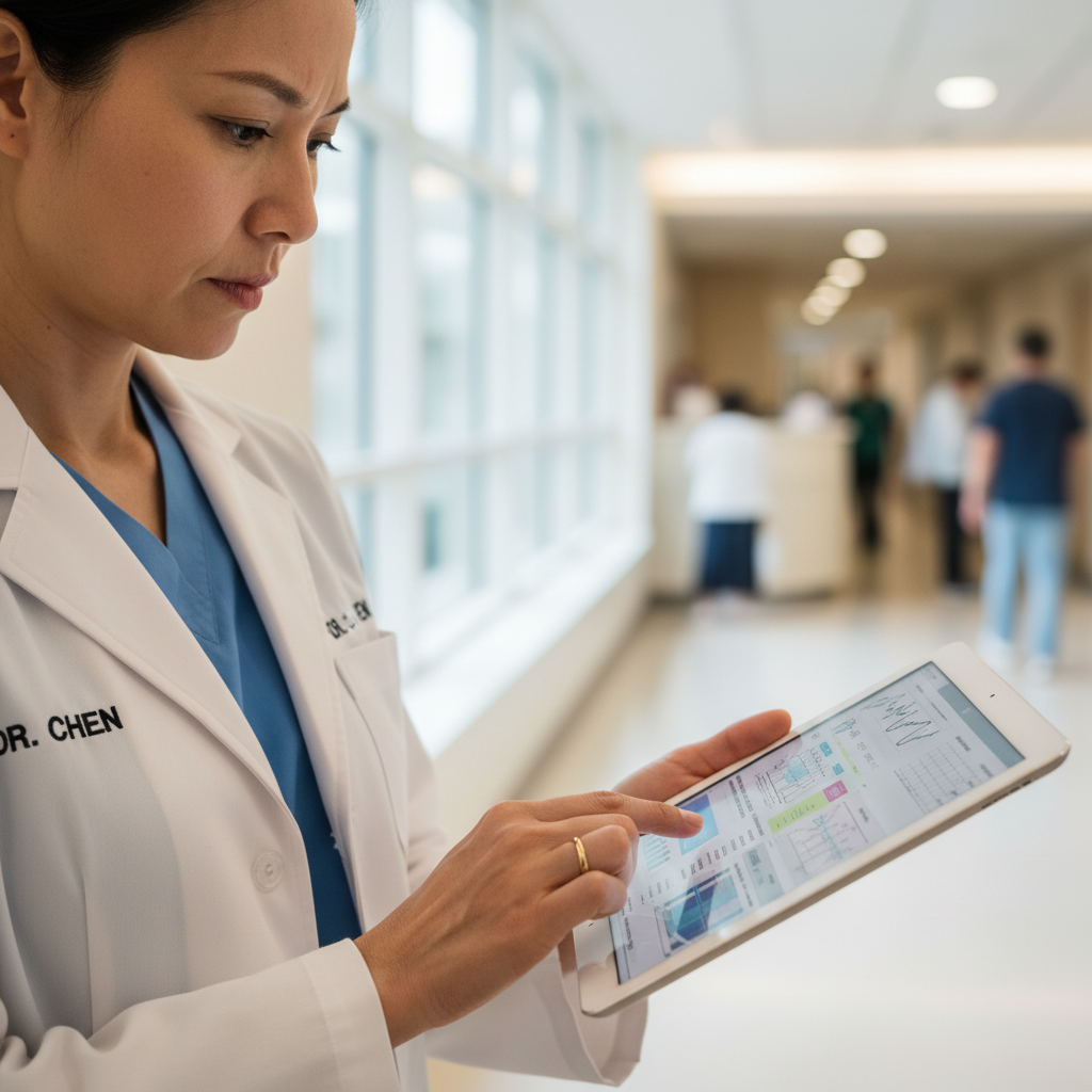 Attending physician reviewing notes on tablet during rounds