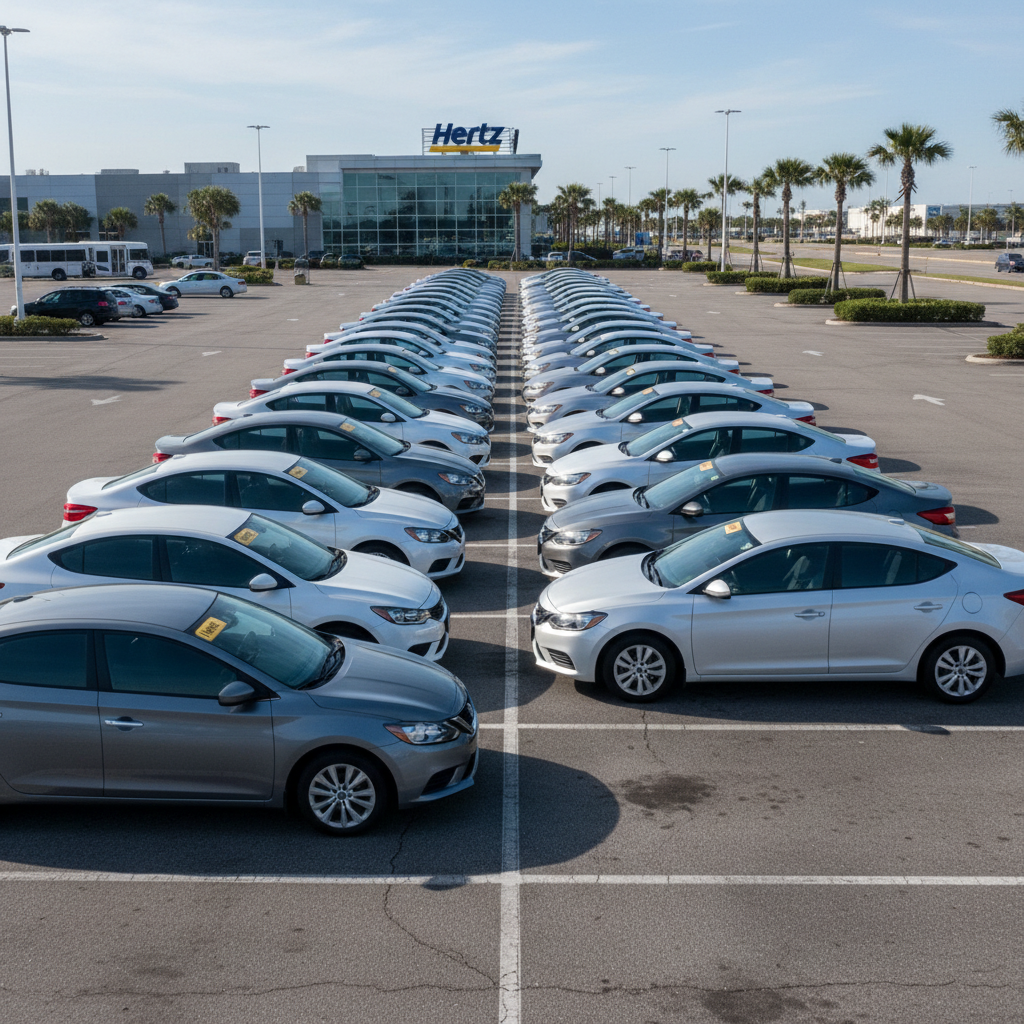 Row of economy sedans lined up on a Hertz rental lot ready for repositioning