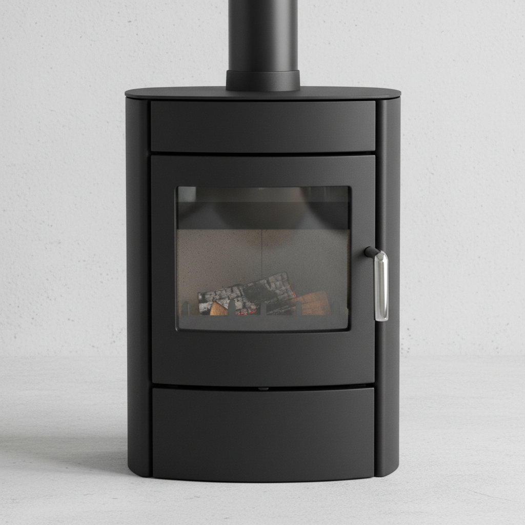 Charnwood Arc 5 wood burning stove, curved steel body, black finish with chrome handle