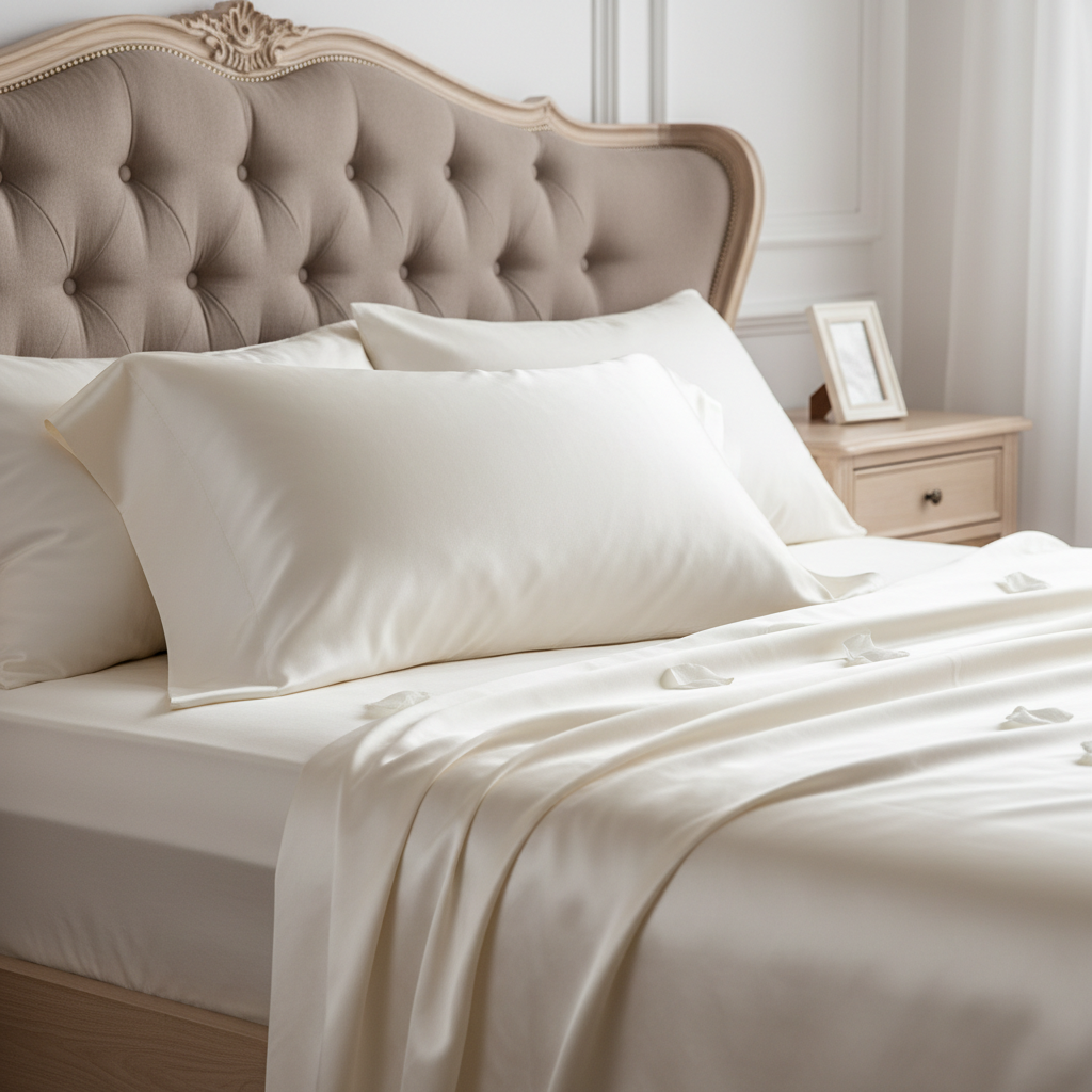 Ultra-luxury hotel suite with a pristine white bed dressed in silk linens and cashmere throws