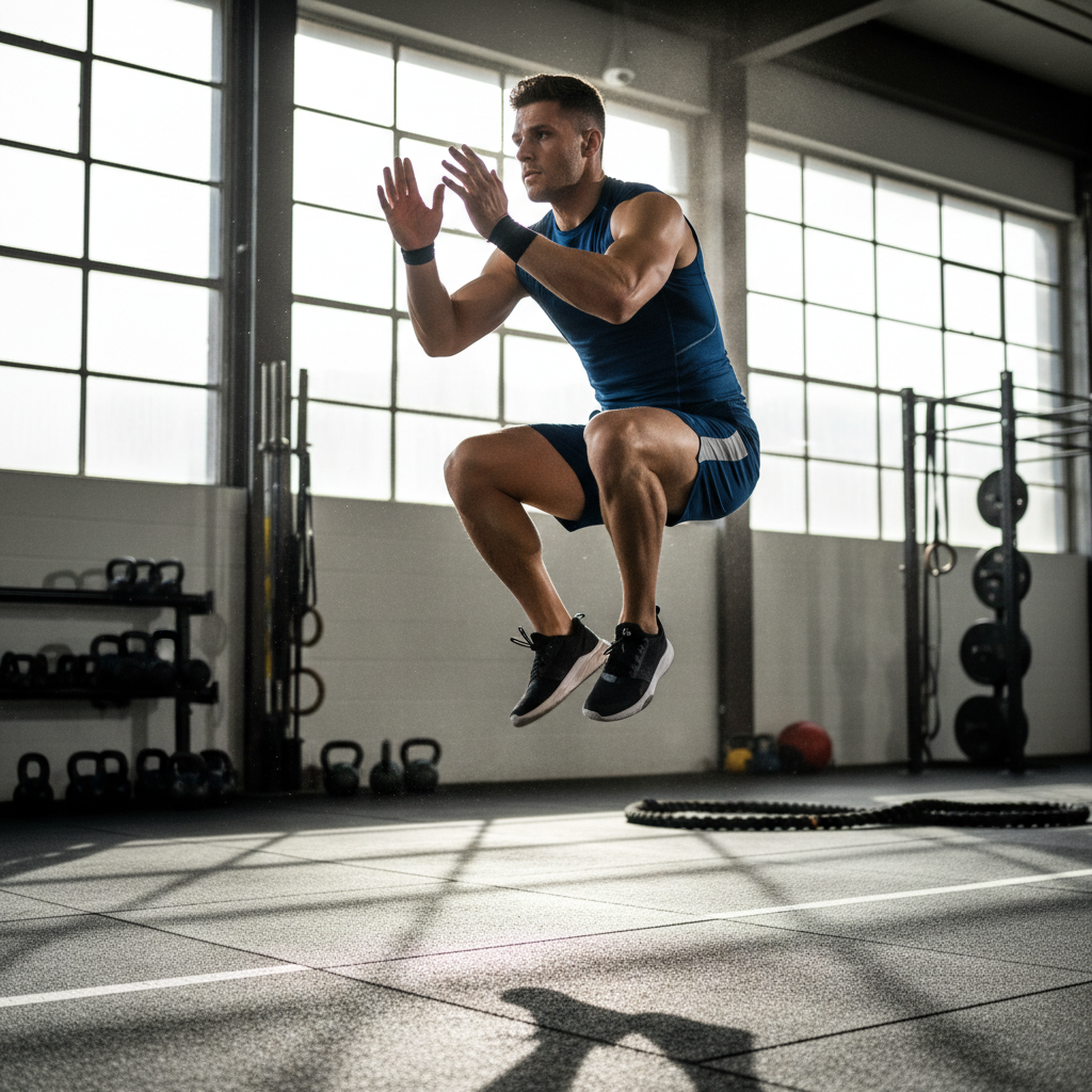 Athletic man training in well-lit modern gym, bright airy environment, open space