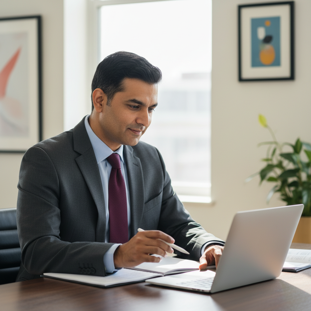 Young Indian man working on laptop at home office, focused expression, professional setup