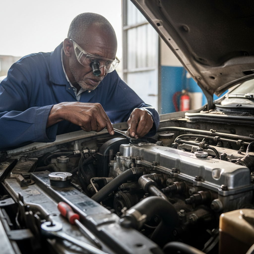 Ethiopian senior mechanical engineer working on vehicle engine at Tehetna Garage