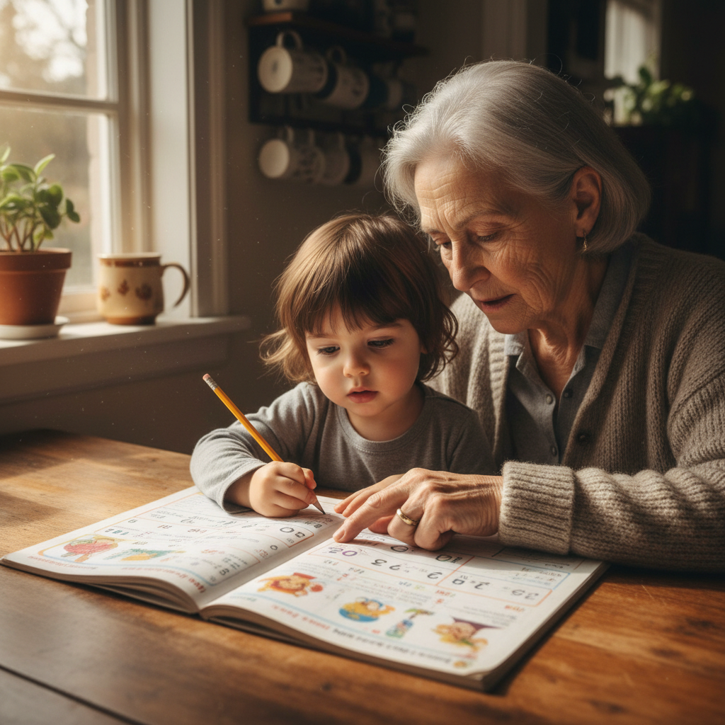 Retired teacher sitting with a child at a kitchen table, looking at a math workbook together