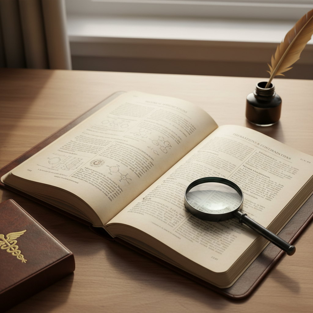 Open book with reading glasses on wooden desk with warm ambient lighting