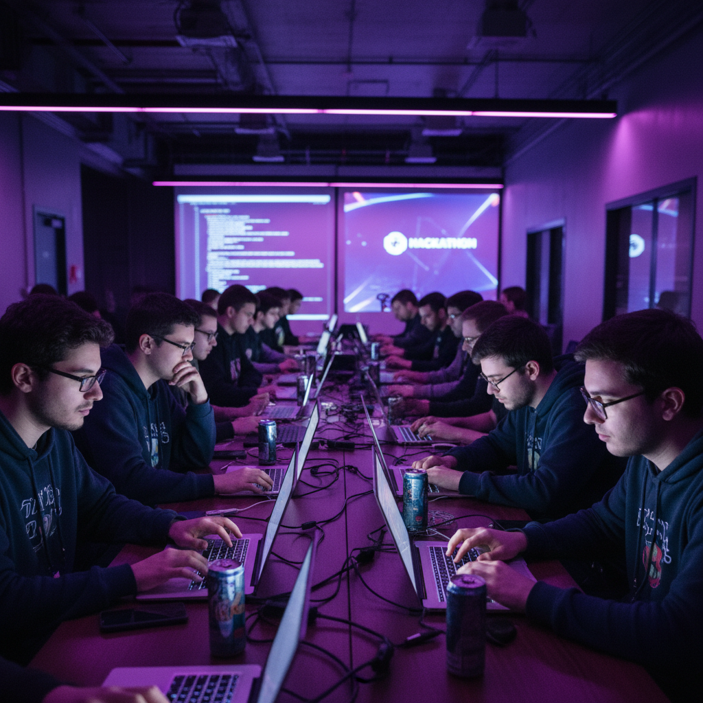 Students working on laptops at a hackathon event with purple lighting