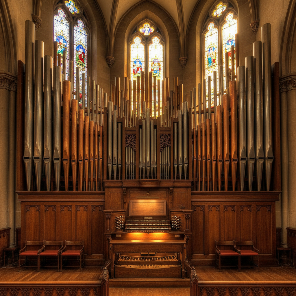 Beautifully restored two-manual pipe organ in a sunlit New England chapel with gleaming pipes