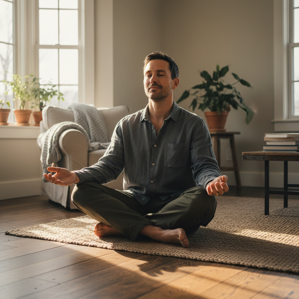 Tomás, a calm and engaged male sitter, sitting cross-legged on a living room floor