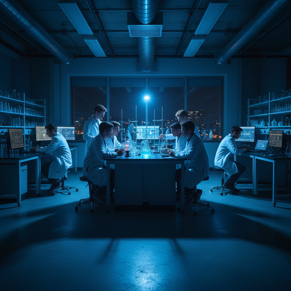 Laboratory equipment in dark environment, moody scientific atmosphere, deep blue-black lighting