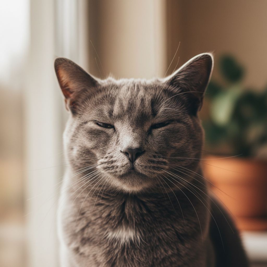Grey cat giving a slow blink with half-closed eyes, relaxed and trusting