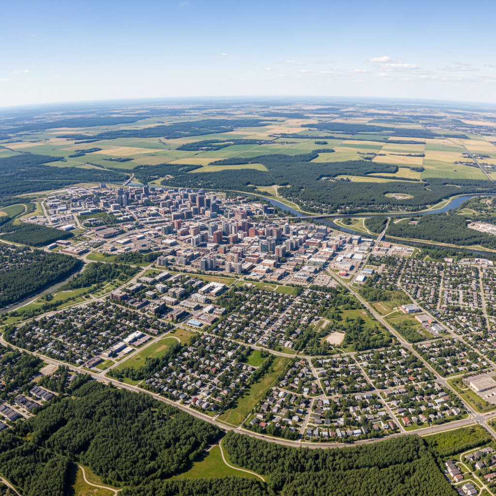 Aerial view of Red Deer, Alberta, Canada showing the city and surrounding countryside