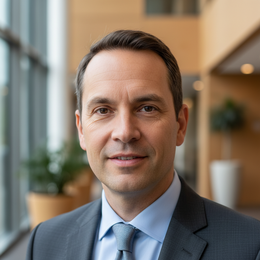 Professional man in business attire with friendly expression in office setting