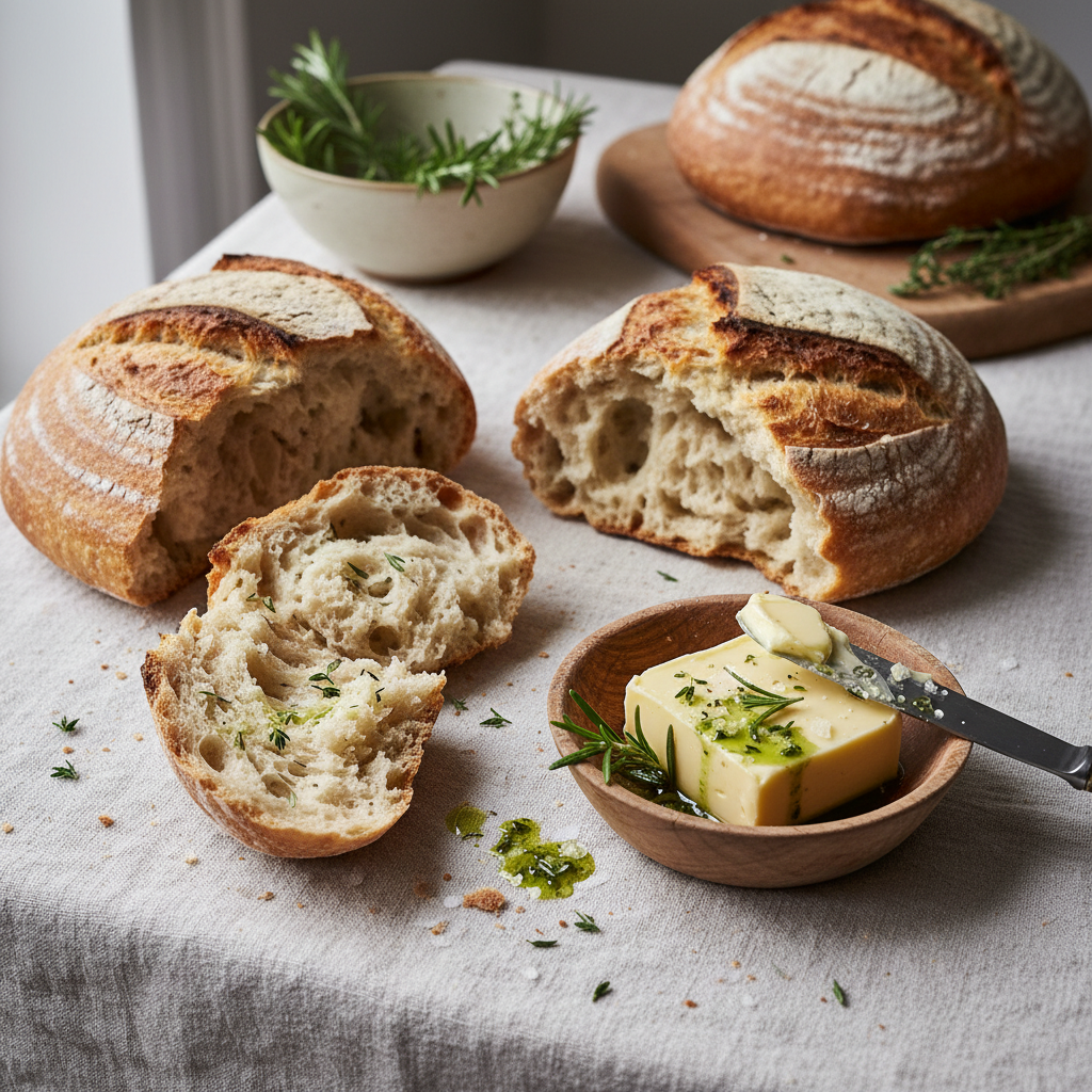 Artisan bread and butter course with smoked salt flakes and herb oil on linen tablecloth