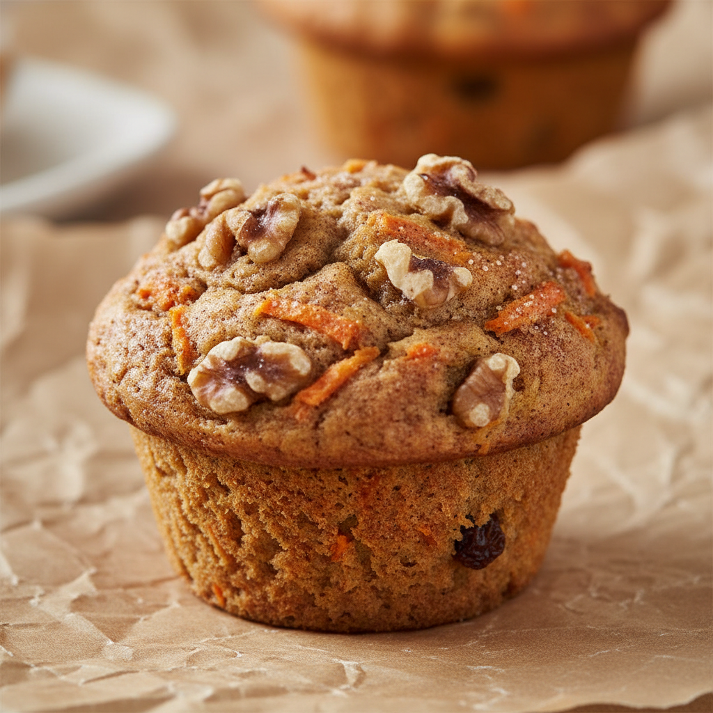 Rustic morning glory muffin with visible carrot and walnut pieces on brown parchment